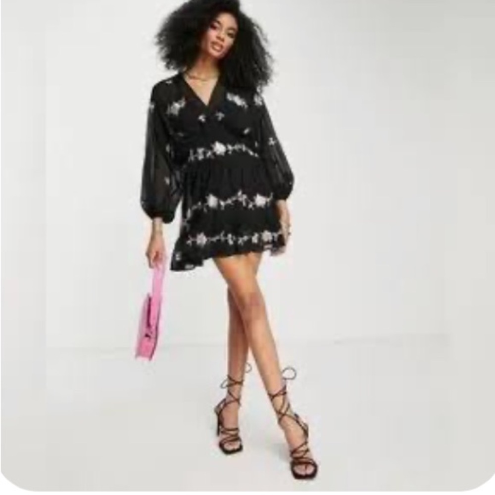ASOS Design '70s Tiered Embroidered Long Sleeve Minidress in black